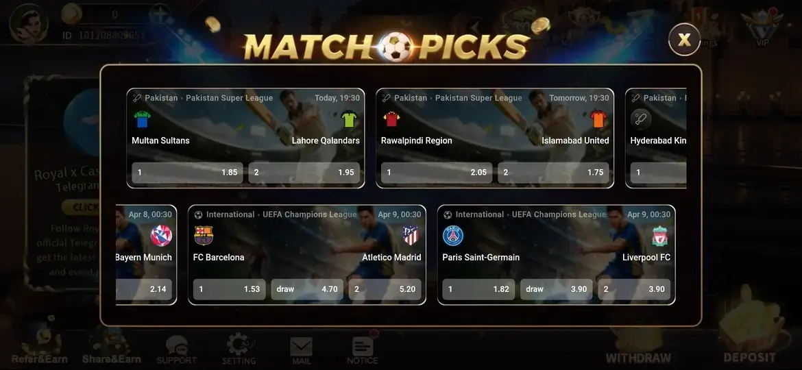 Royal Casino match picks and sports betting screen
